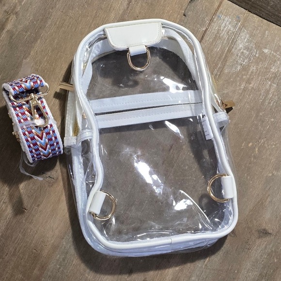 Unbranded Handbags - Clear Stadium Bag Convertible Backpack Crossbody with 2 Woven Straps White Trim